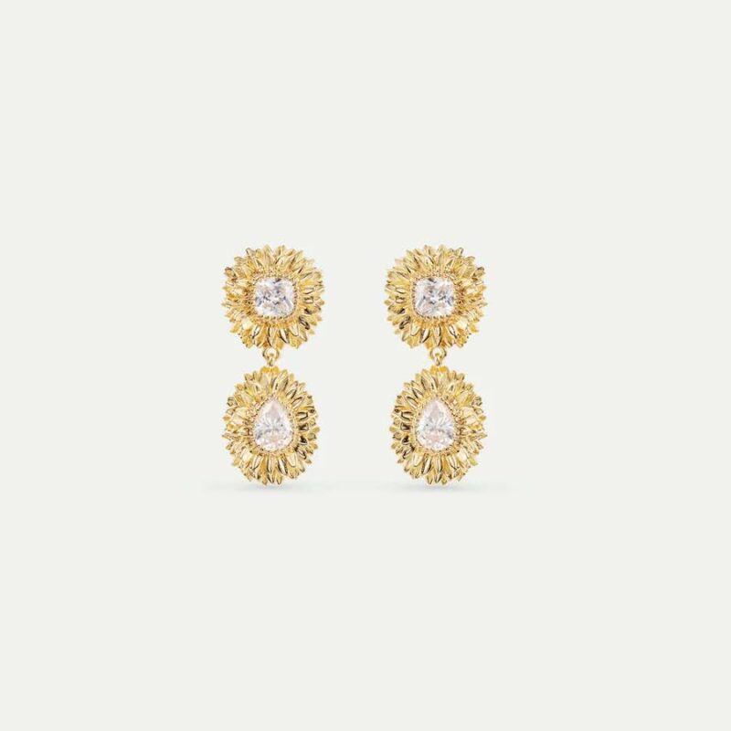 LES NEREIDES - GOLDEN DANDELION AND CUT STONE DANGLE EARRINGS