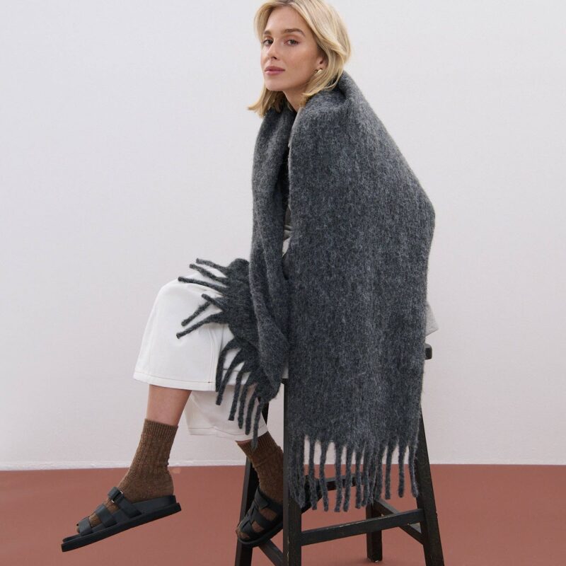 SCARVES - Betty Wool Plain Fluffy Scarf in Charcoal
