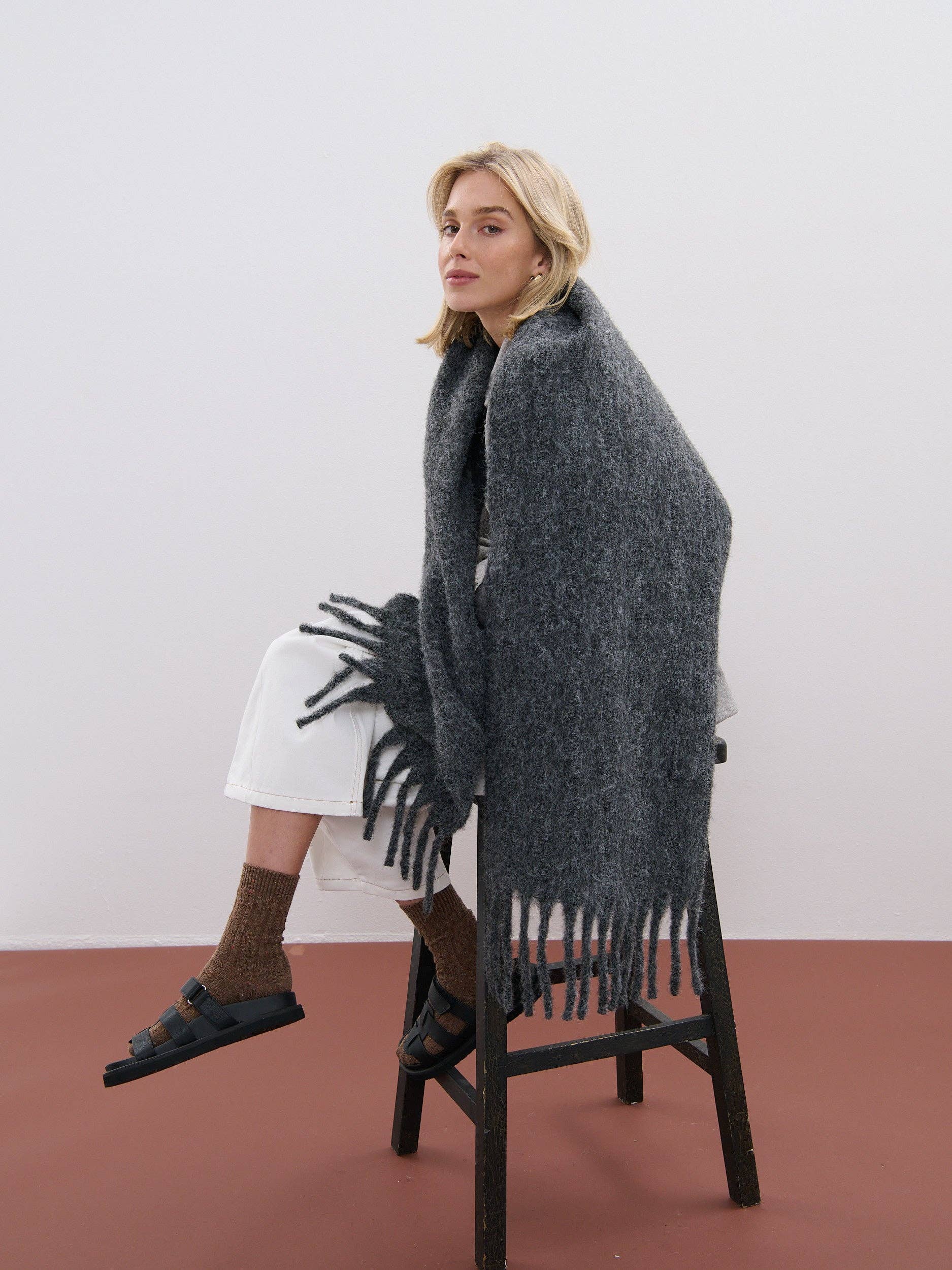 SCARVES - Betty Wool Plain Fluffy Scarf in Charcoal » SCARVES - Betty Wool Plain Fluffy Scarf in Charcoal